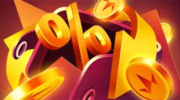 Изображение золотого символа процента в окружении золотых монет, символизирующее кэшбэк-бонус в Интернет-казино Вулкан Престиж.